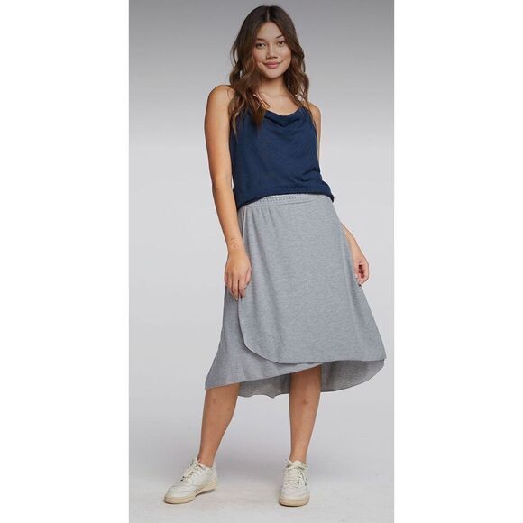 Womens Chaser Recycled Cozy Knit Smocked Hi Lo Circular Flounce Midi Skirt NEW - Picture 6 of 6